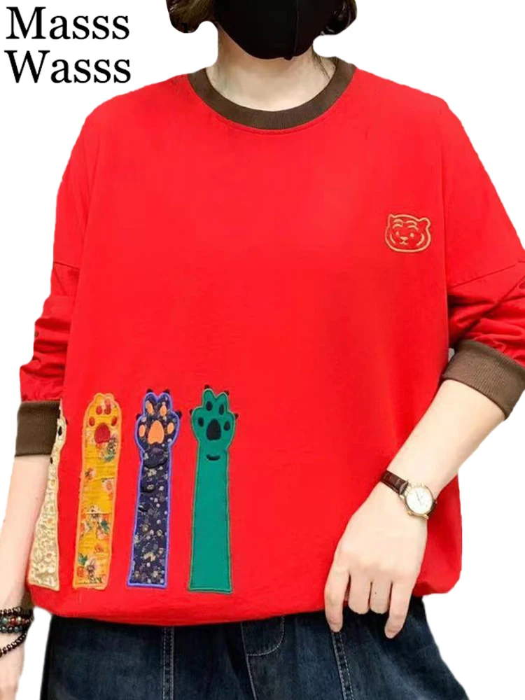 

Masss Wasss 2023 Autumn Fashion O Neck T-shirts Womens Loose Casual Cartoon Tops Korean Ladies Vintage Luxury Cotton Tops Tees