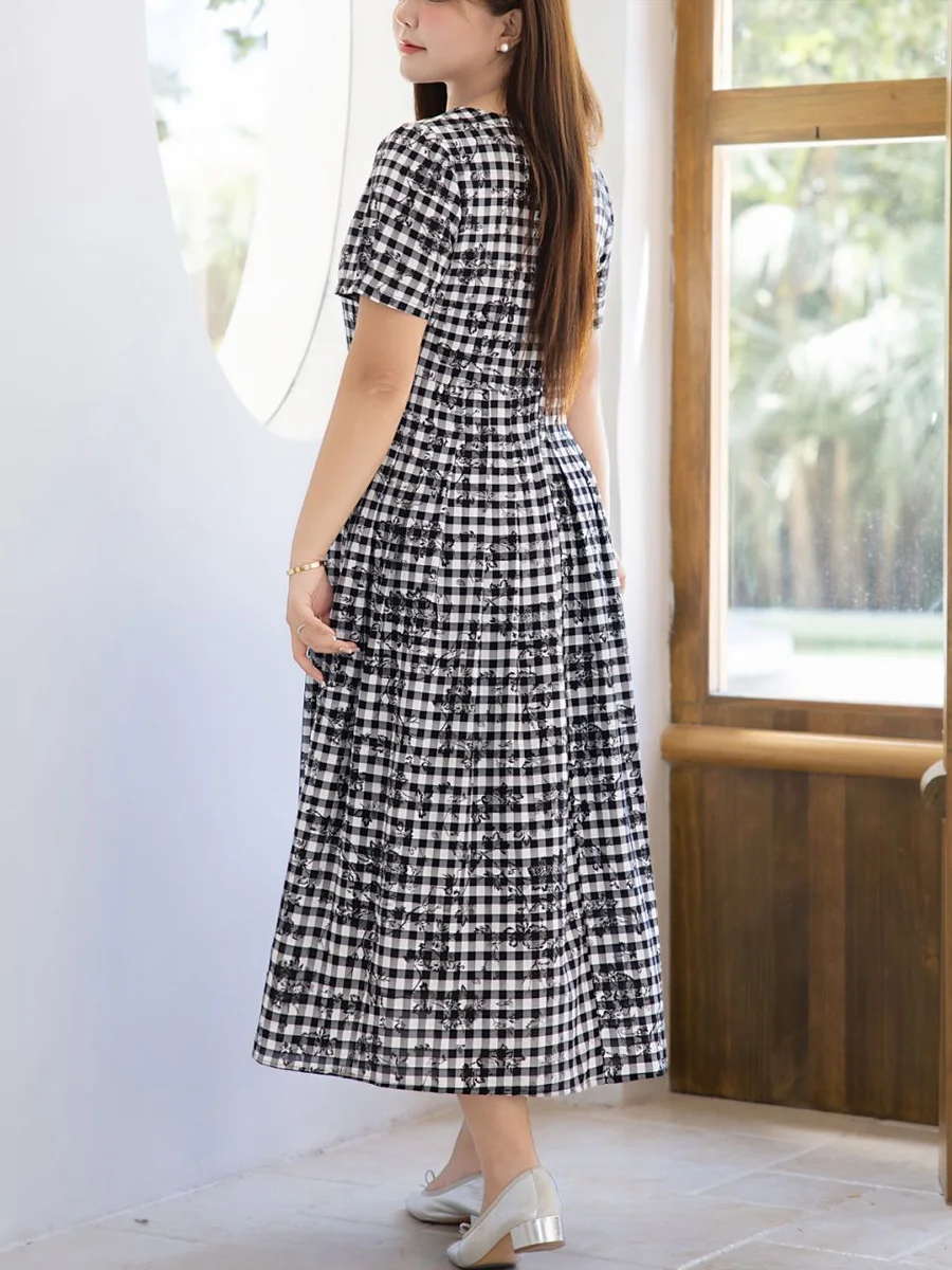 Plaid Rose Print V-neck Dress Plus Size Women Commuter French Short Sleeve Pleated A-line Dresses 9104