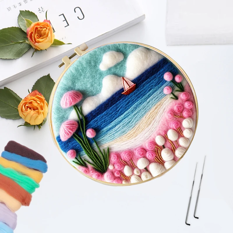 Needle Felt Starter Set Wool Painting Pink Landscape Set Includes Wool Bag Felting Needles Foam Pad Felt Cloth Diy