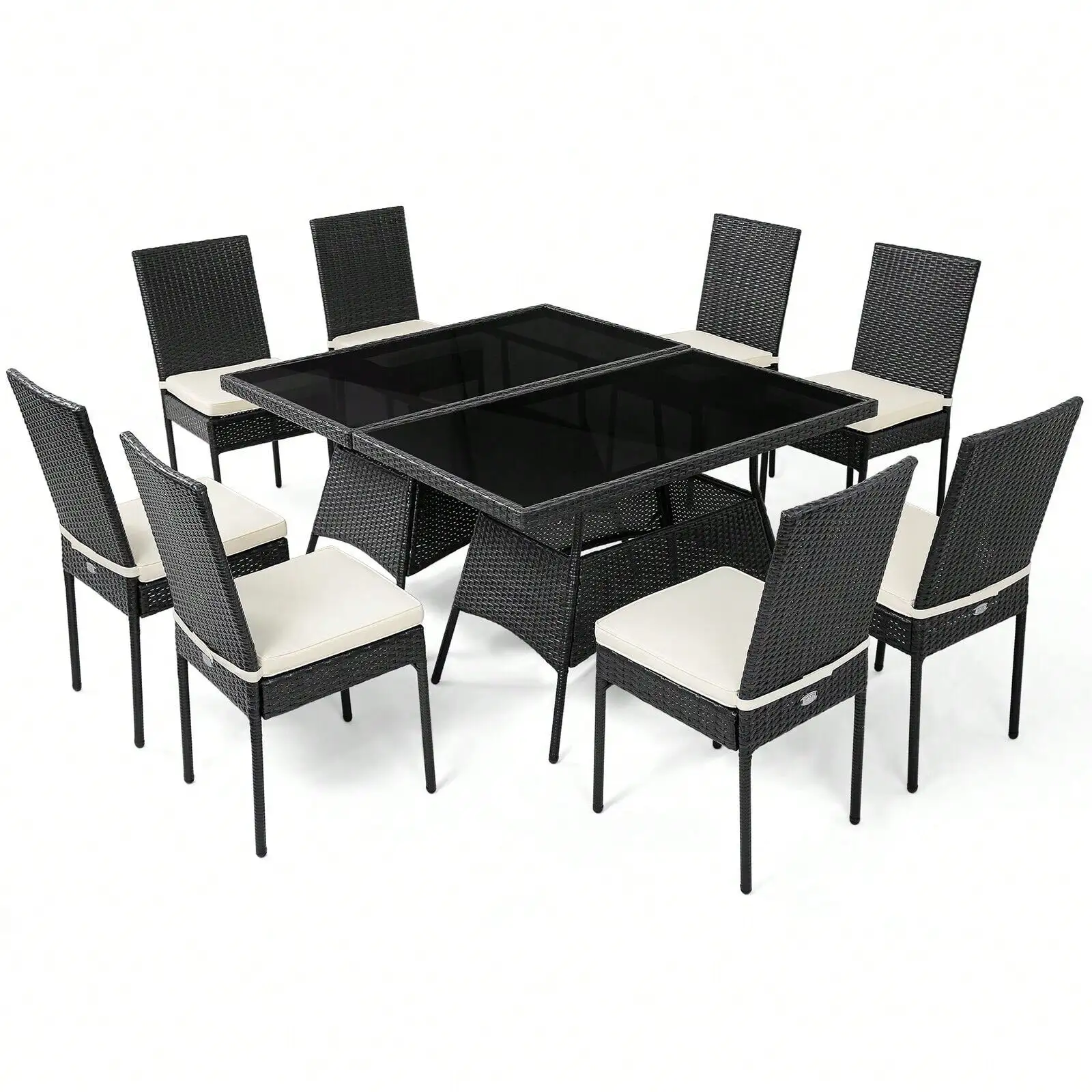 10PCS Rattan Dining Set Cushioned Chair Table w/ Glass Top Furniture Patio