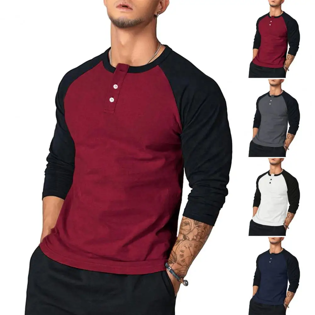 

Round Neck Buttoned Collar T-shirt Men's Slim Fit Long Sleeve T-shirt with O Neck Color Matching Patchwork Mid Length for Fall