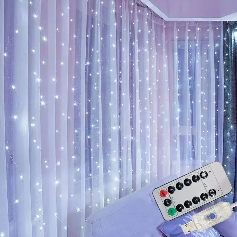 2025 Hanging Light LED Curtain String Lights USB Powered Fairy Lights Decor Indoor Wedding Party Christmas Tree 8 Modes Lighting