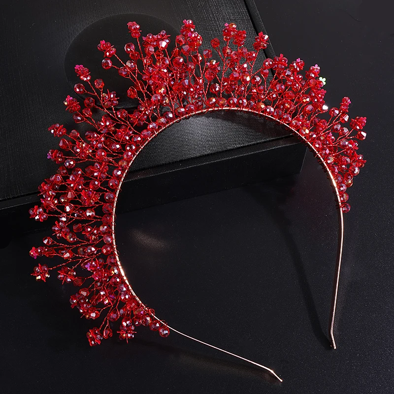 Trendy Red Crystal Bridal Crown Wedding Hair Accessories Woemn Headdress Party Jewelry Bride Headpiece Tiara Bridal Headwear hair accessories bridal hair accessories crown headband bridal jewelry set