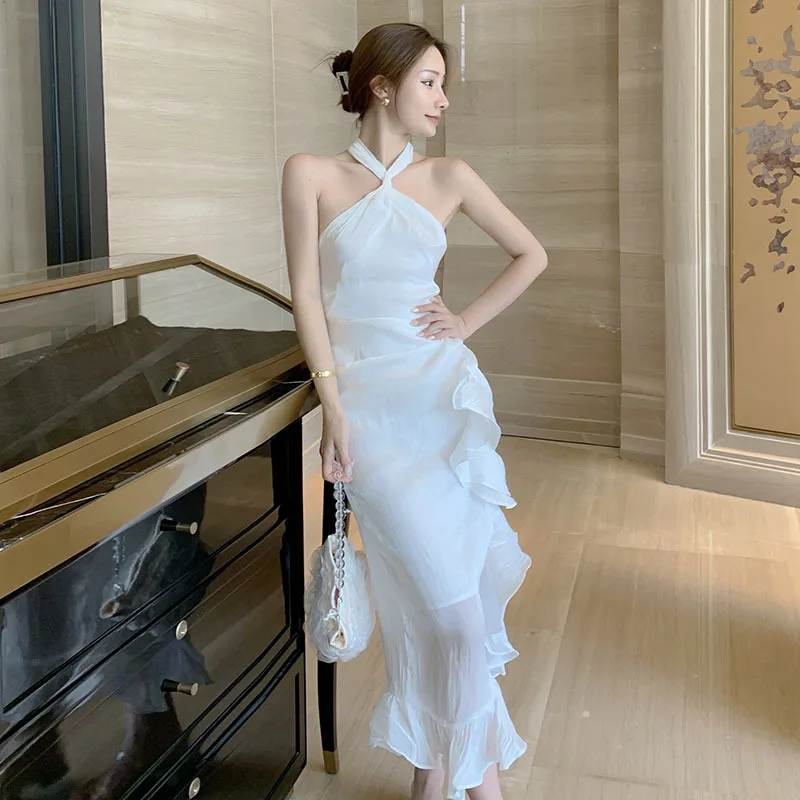 

Beach Halter Ruffled Dress Waist-Tight Slimming Fishtail Skirt Women French Dresses Summer 2020 French