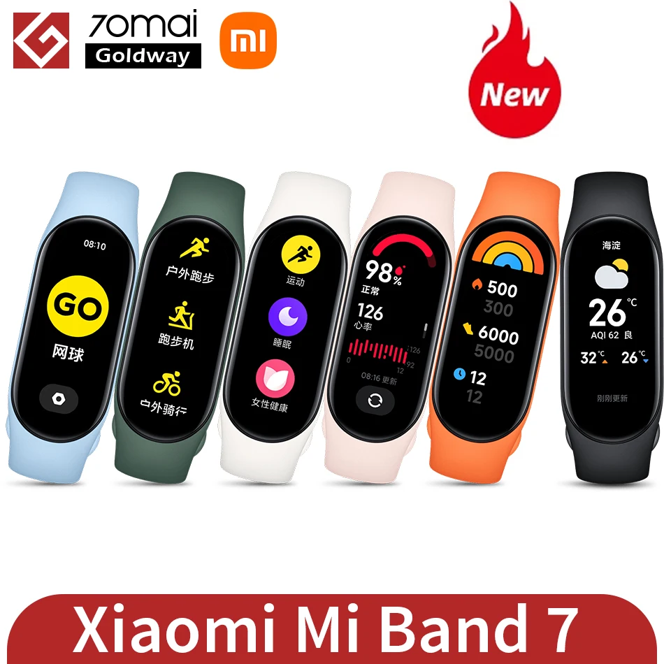  Смарт-браслет Xiaomi Mi Band 7, 6 цветов, 1,62 дюйма, AMOLED экран, фитнес-трекер с функцией измерения кислорода в крови, Bluetooth, водонепроницаемый бра…