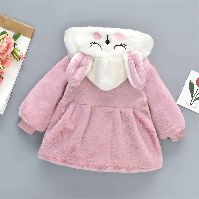 2Pcs/Set Cute Rabbit Ear For Baby Girl Winter Warm Thicken Children Jacket Trend Lovely Kid Cotton Coat Toddler Clothes Overcoat