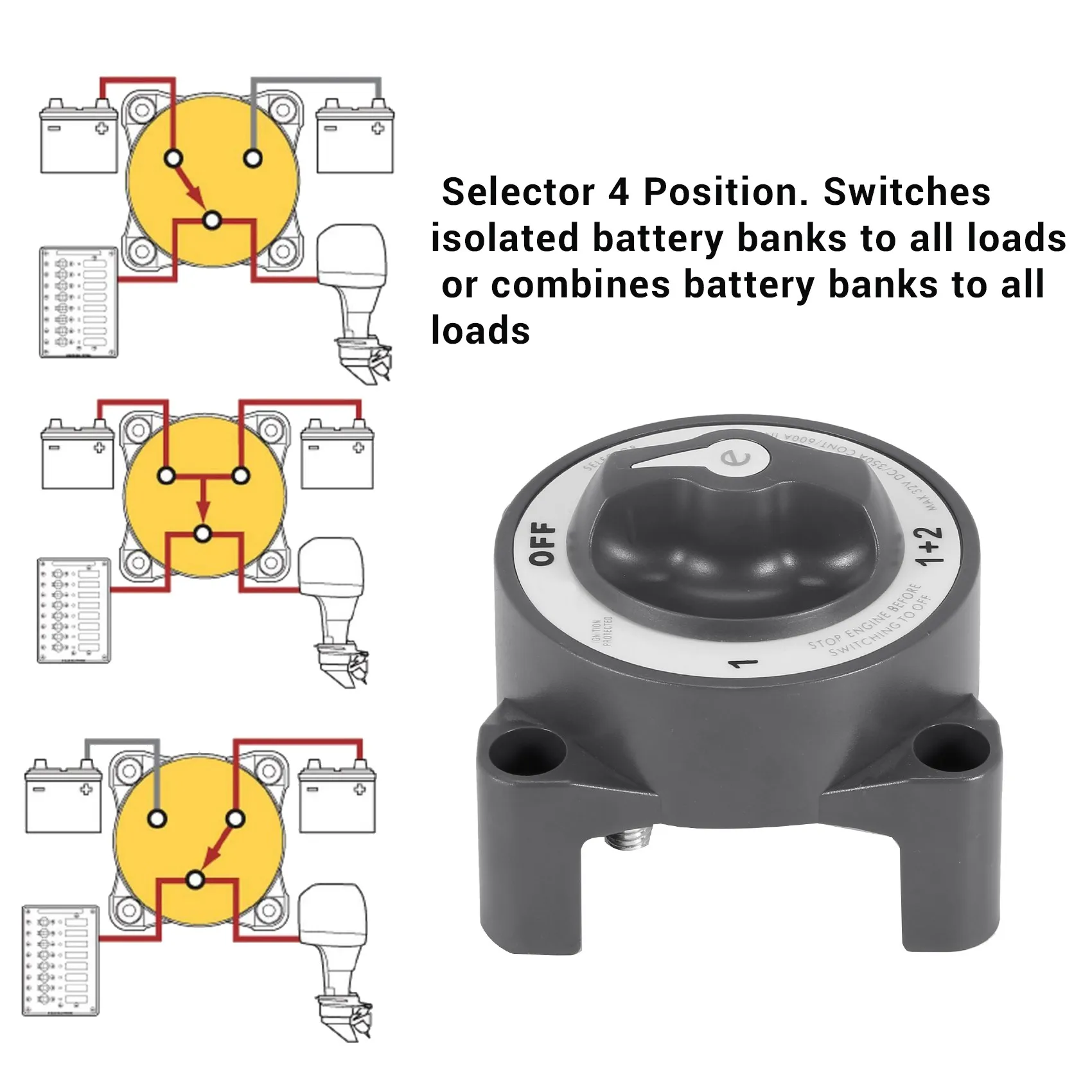 

Disconnect Rotary Switch 4 Position 32V 350 Amp E-Series Waterproof Dual Battery Isolator ON/OFF Switch