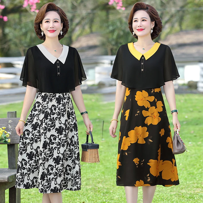 

Women A-Line Chiffon Dress 2022 Summer Patchwork Flowers Print Dresses Elegant Female Vintage Printing Dress Short Sleeved