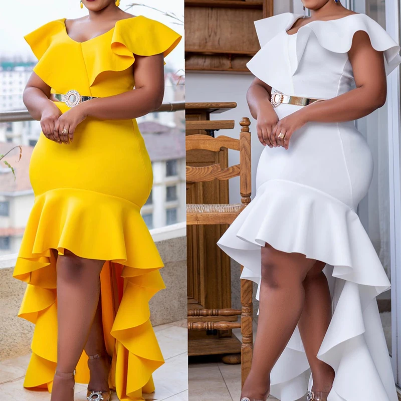 

Women Summer Sexy Sleeveless Prom Club Evening Dresses Irregular Ruffles Pacakge Hip High Low Hemline African Party Night Dress