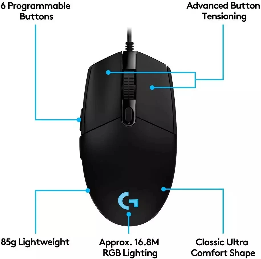 로지텍 G102 인체공학 마우스, 광학 8000DPI, 16.8M 컬러 LED, 맞춤형 6 버튼, 유선 PC 게임 액세서리