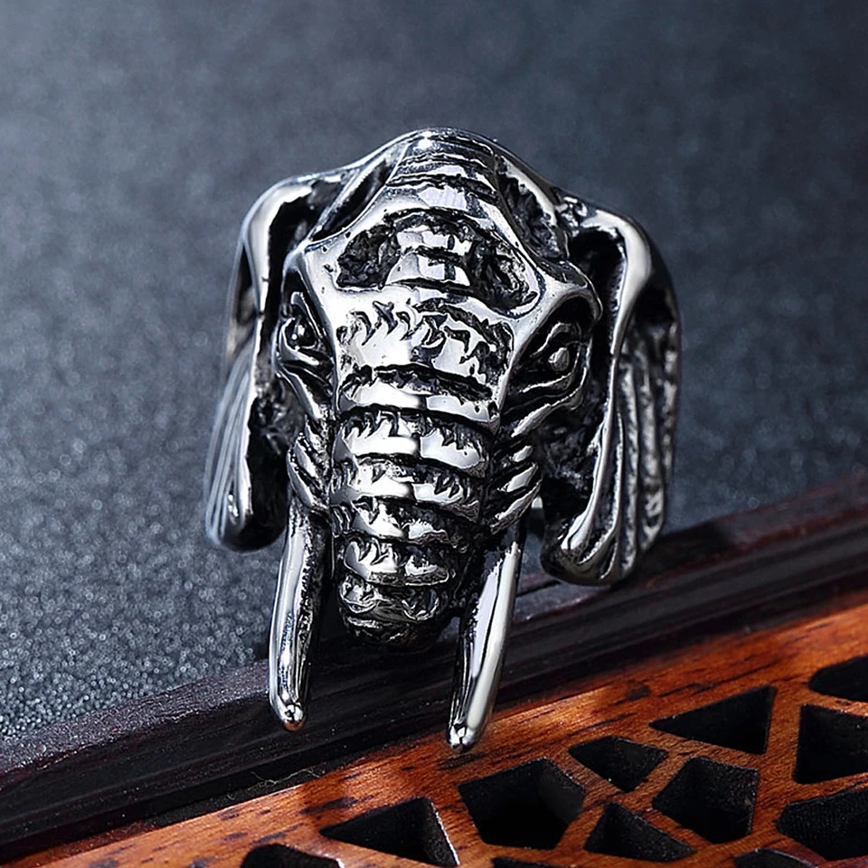 PAMTIER Men's Hindu Elephant Ring – Stainless Steel, Gold Black Finish, Vintage Gothic Tribal Design, Biker Style Band