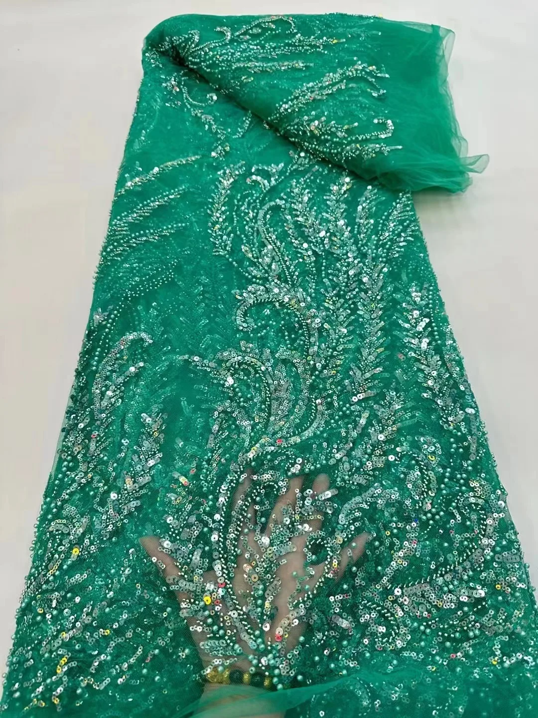 

Latest Luxury African Lace Fabric High Quality Sequins Beads Groom Embroidery Lace For Women Wedding Party Dress Mesh Fabric
