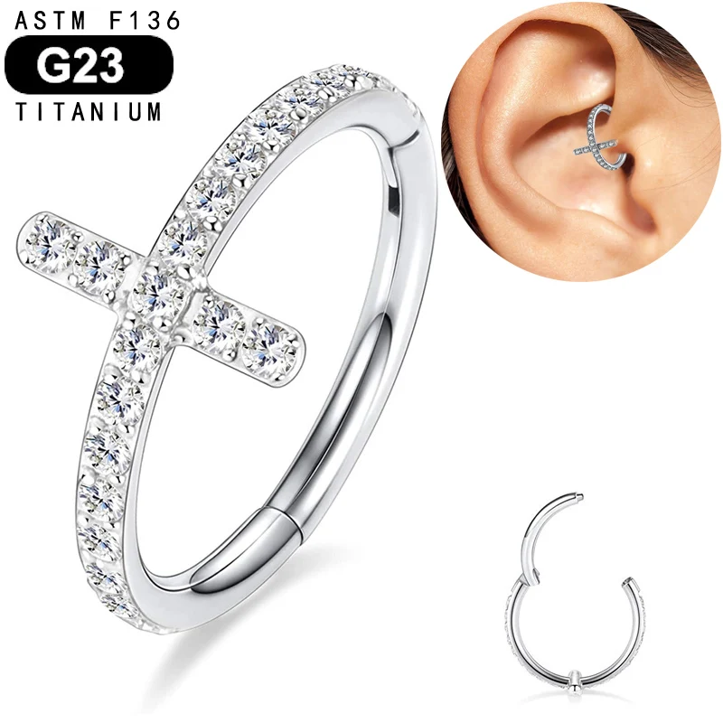 

Ear Piercing Titanium Nose Ring CZ Cross Paved Hinged Segment Hoop Cartilage Tragus Helix Lip Earring Jewelry Hypoallergenic