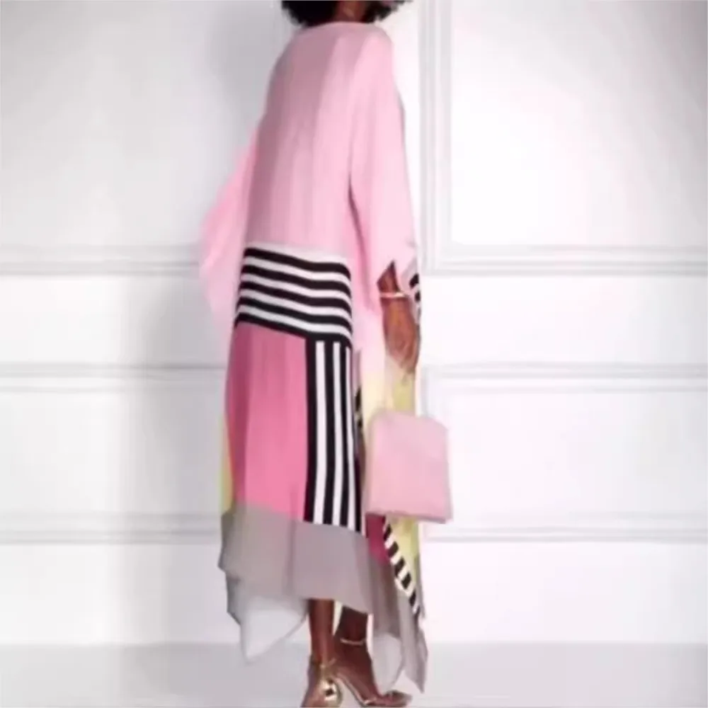 Fashion Printed Stripe Splicing Long Sleeve Dresses Women Autumn Summer Casual Loose Diagonal Shoulder Long Elegant Female Dress 4