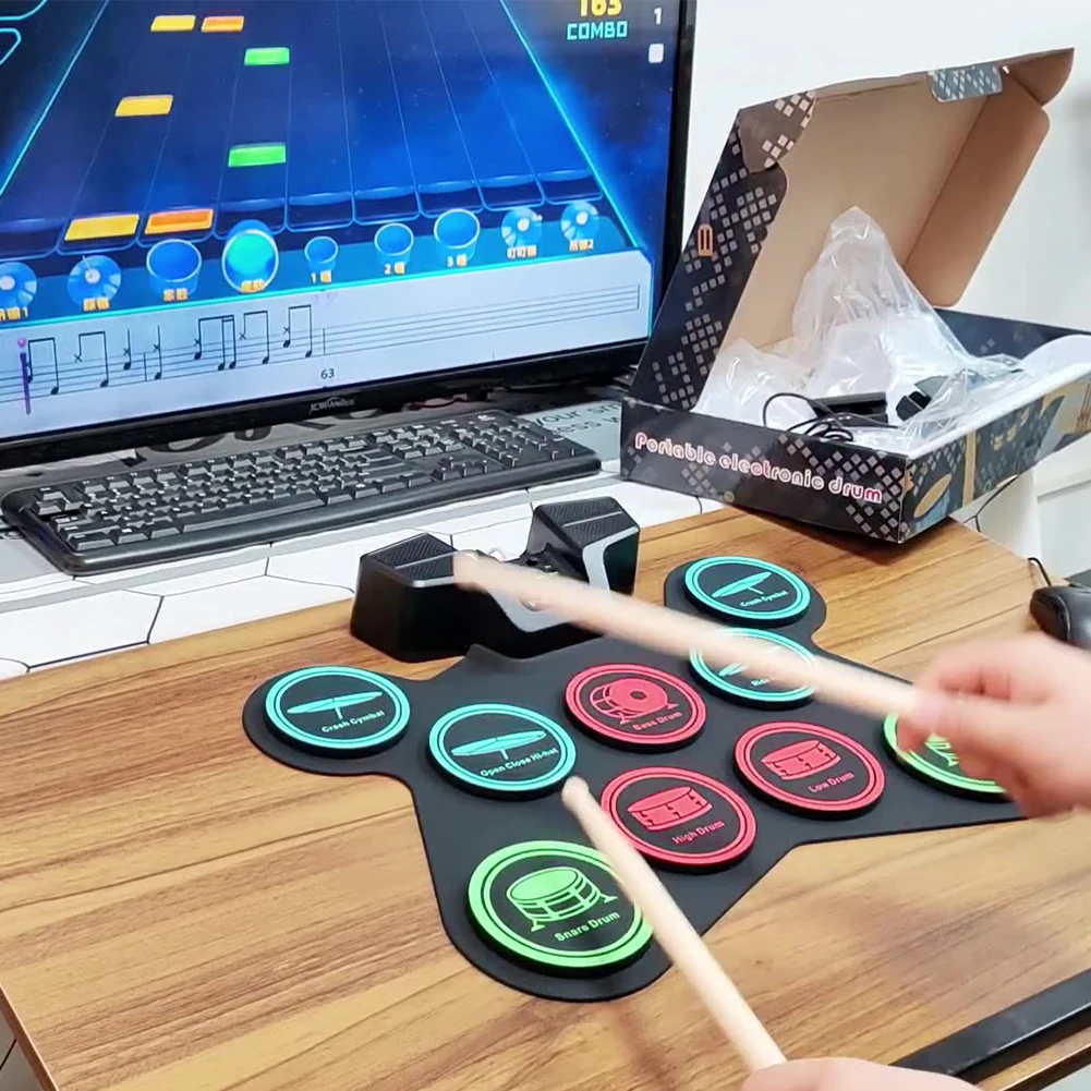 Portable Drum Pad Digital Electronic Drum Compact Size USB Foldable Silicon Drums Set 9 Pad Drums Digital Drum Kits with Drumsticks Foot Pedals