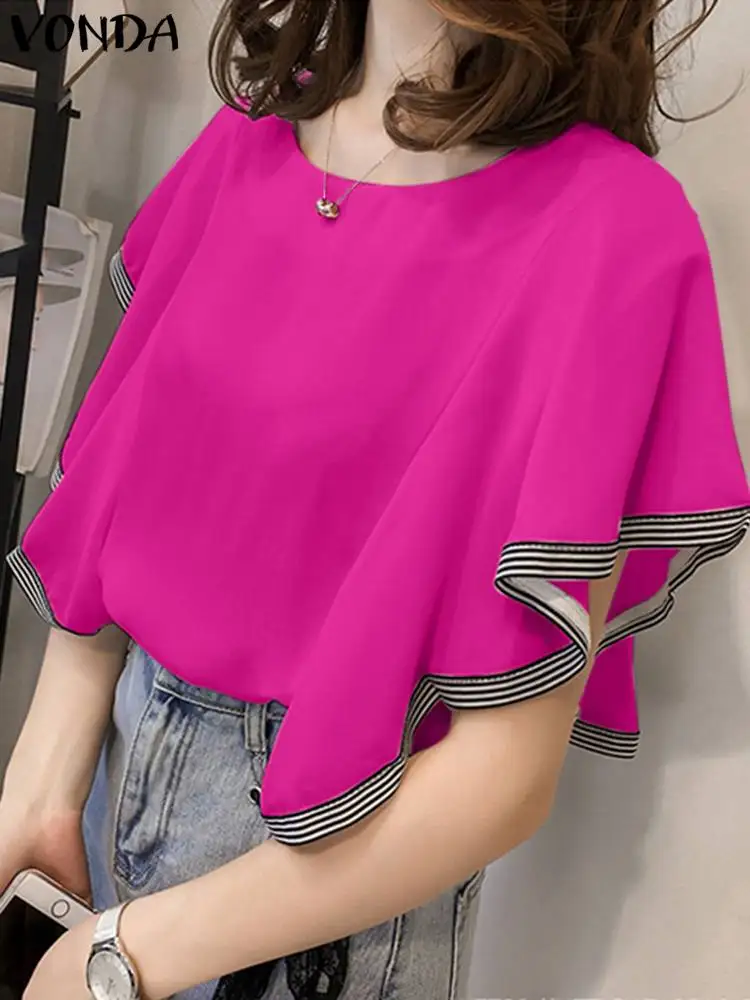 

VONDA Women Tops and Blouses 2023 Summer Short Bat Sleeve Ruffled Shirts Fashion Casual Loose Round Neck Tunic Blusas Femininas