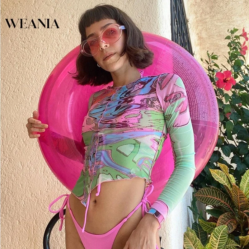 

Y2K Graphic Print Long Sleeve Ruffle Irregular Mesh Women T-shirt