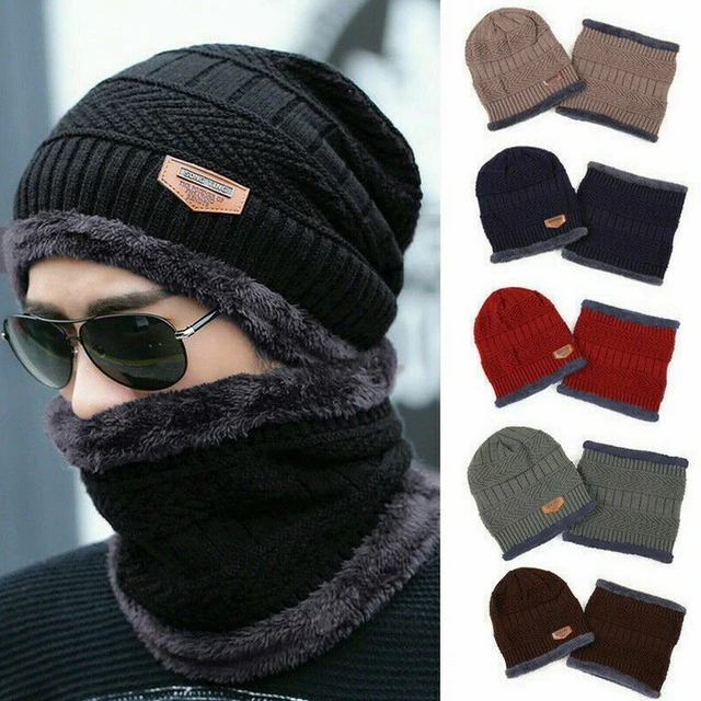 Winter Hat For Men Fleece Scarf Women Neck Leather Knitted Cap