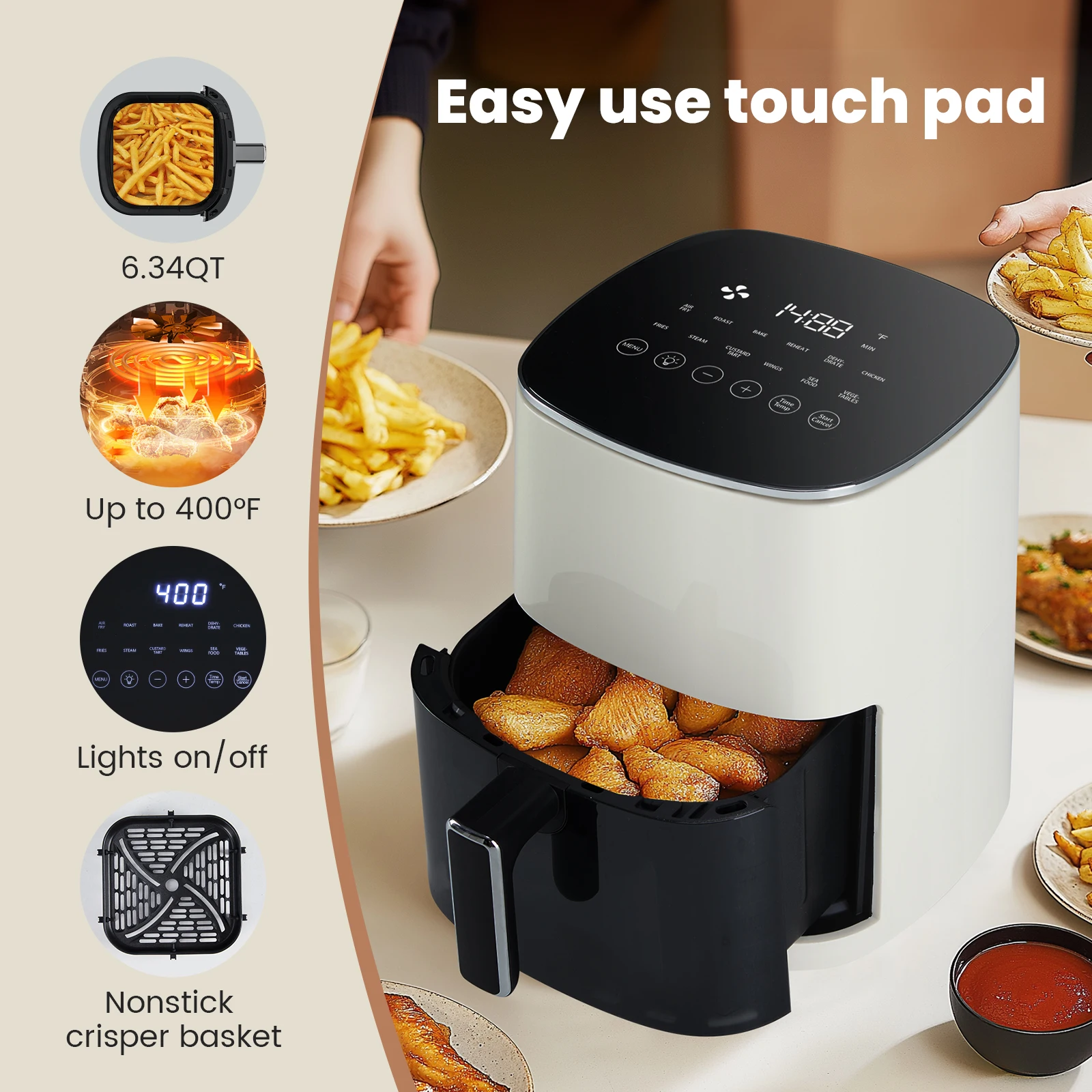 JHK 6 Quart Electric Air Fryer with Window Square Air Fryer 400F 12-in-1 Air Fry Roast Reheat Dehydrate Fries Custard Chicken Vegetabels and Keep Food Warm 6