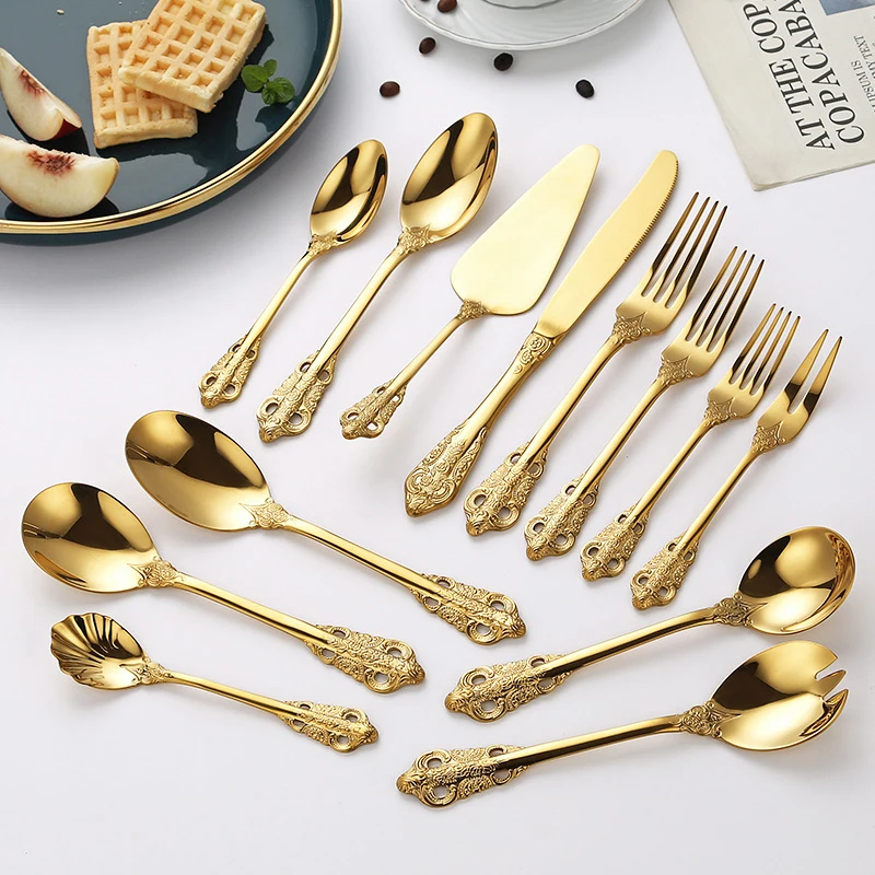 

Retro Styles Western Tableware Set Luxury Silver Stainless Steel Spoon Fork Dessert Fork Embossing Household Cutlery Set