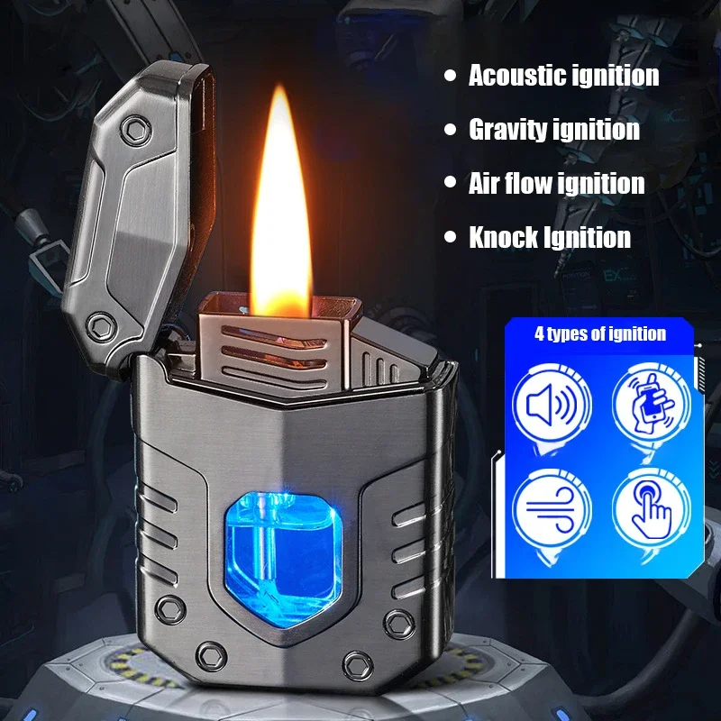 Metal Voice Controlled Ignition Electric Oil Mixed Kerosene Lighter with Visible Gas Window Four Ignition Methods Mecha Lighter