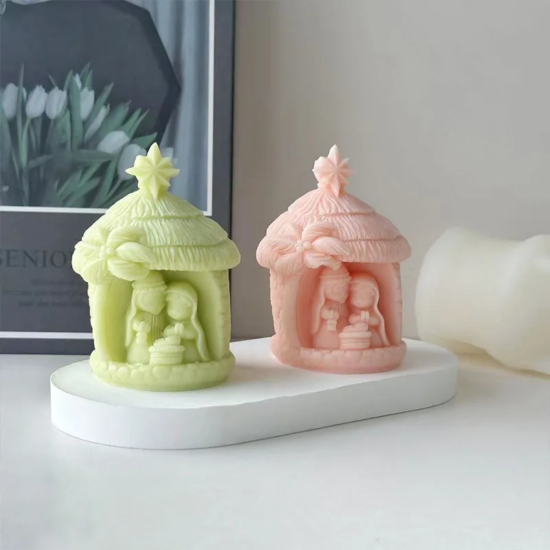 3D Stone House Silicone Candle Mold Holy Family Nativity Resin Epoxy Plaster Chocolate Decoration Gypsum Ice DIY Baking Mould