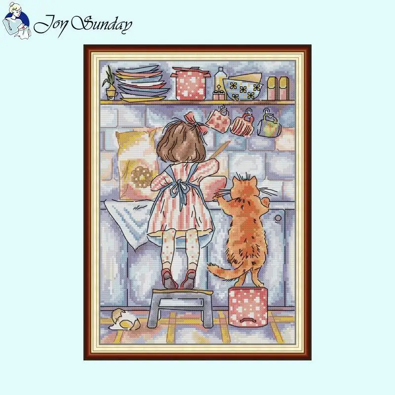 Little girl and kitten making pie Cross Stitch Sewing Kits Aida 14ct 16ct 11ct Canvas Fabric Embroidery DIY Hand Stitching Set