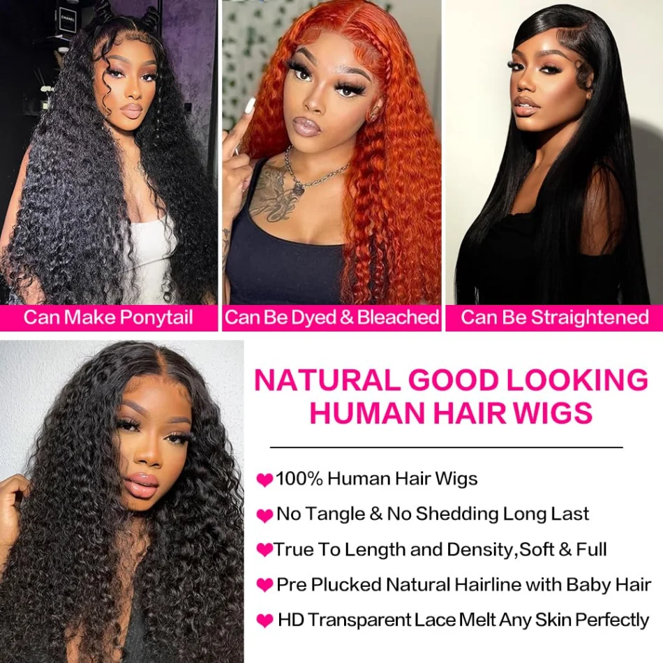 Deep Wave Human Hair Wigs 13X6 Hd Lace Frontal Wig Curly Lace Front Wig 40 Inch 250 Density Brazilian Wig Original Natural Black