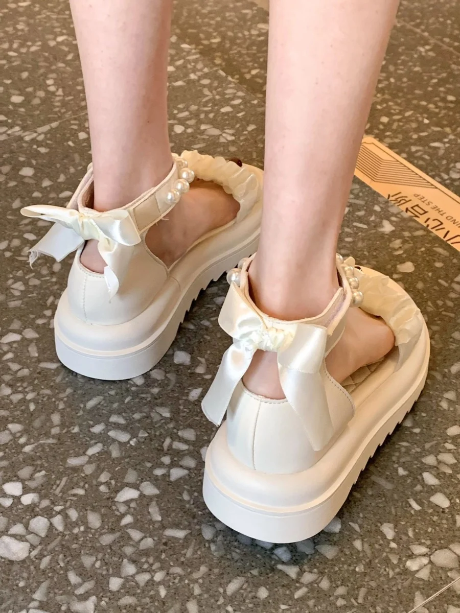 

Pearl Sandals Bow Shoes Med Espadrilles Platform Suit Female Beige Clogs Wedge 2024 Women's Muffins shoe Summer Heels Medium Hig