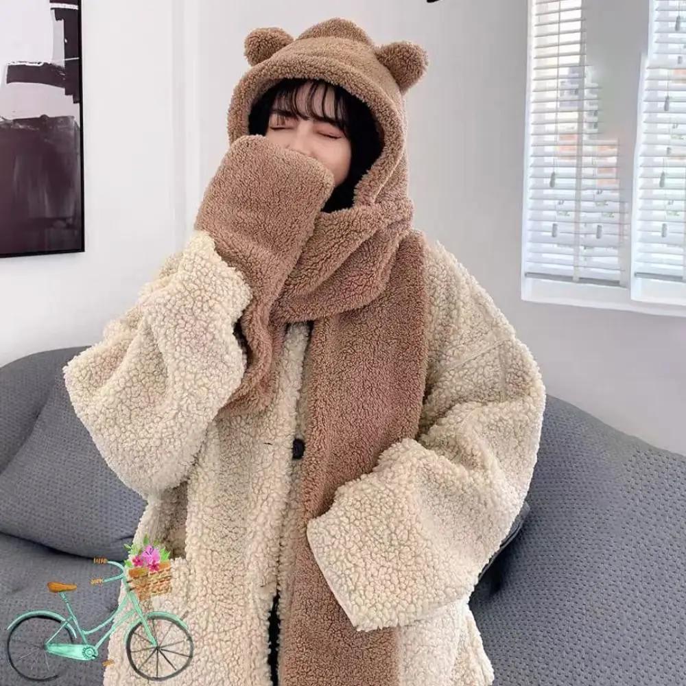 Winter Warm Women Bear Ear Hat Scarf Gloves Set
