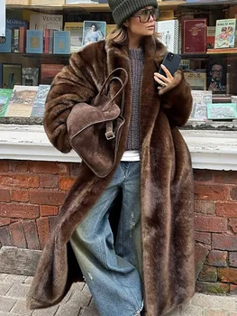 Fashion Mixed Color Lapel Collar Woman Long Coat Elegant Full Sleeve Loose Overcoat New Winter Lady High Street Faux Fur Jacket 1