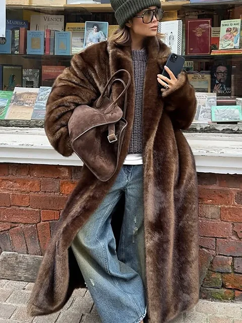 Fashion Mixed Color Lapel Collar Woman Long Coat Elegant Full Sleeve Loose Overcoat New Winter Lady High Street Faux Fur Jacket 1