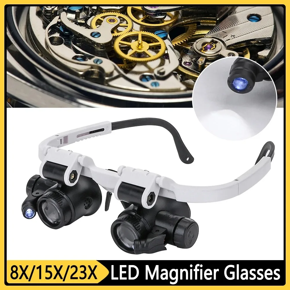 LED Glasses Magnifier 8X 15X 23X Magnifying Glasses With Light For Close  Work Jeweler Loupe Watchmaker Headband Magnifying Glass - AliExpress