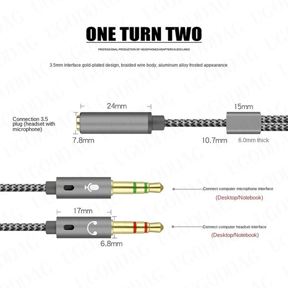 Headphone Splitter Cable for Computer 3.5mm Female to 2 Male 3.5 Jack Mic Audio Y Splitter Microphone Adapter Aux Cable image_2