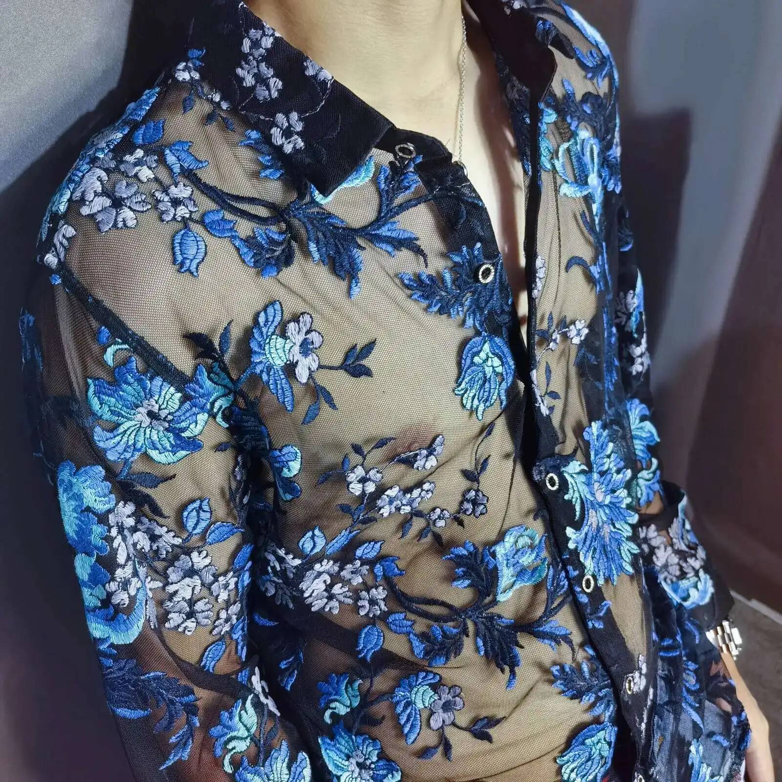 Chemise Homme Sexy See Through Mesh Shirt Men 4xl Luxury Transparent Shirt Men Embroidery Lace Club Party Long Sleeve Shirts