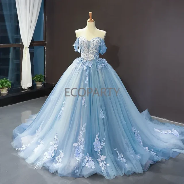 Stunning 2019 Light Blue Ball Gowen Light Blue Wedding Dress With Ruffle  Lace, Off Shoulder Deep V Neckline, And L Up Back From Weddingplanning,  $149.75 | DHgate.Com