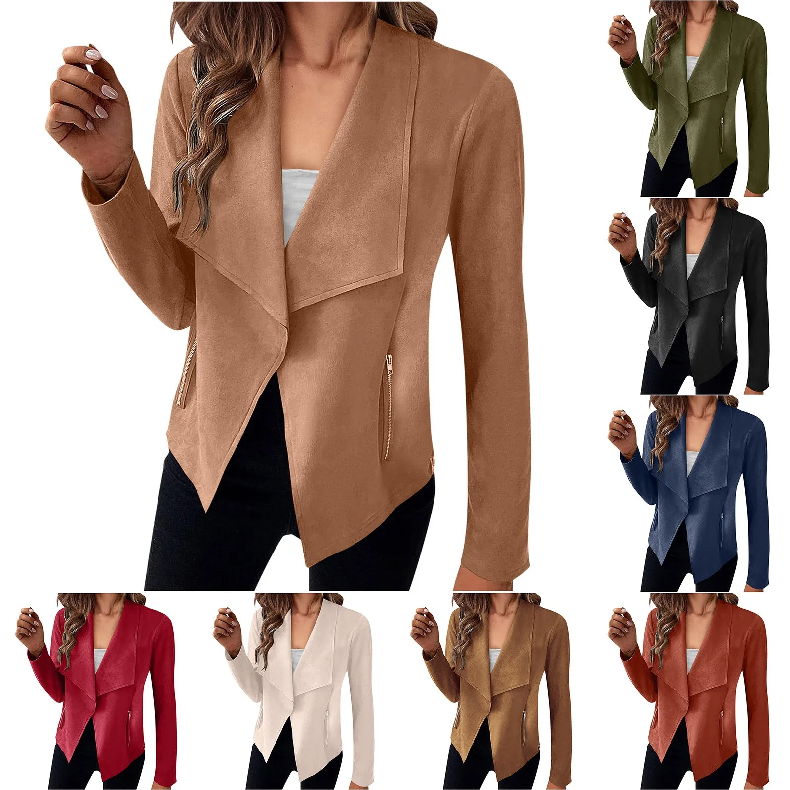 

Womens Casual Moto Jacket Long Sleeve Zip Up Cropped Jackets Coat Outwear With Pocket