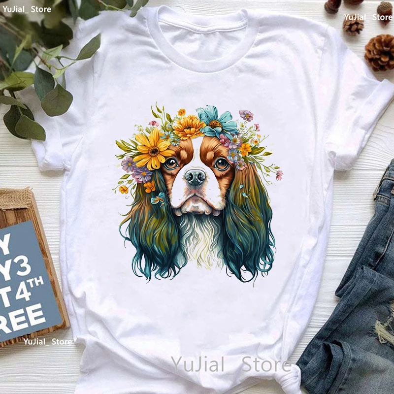 

Cavalier King Charles Spaniel Flowers Print T Shirt Women Clothes 2024 Harajuku Kawaii Dog Tshirt Femme Summer Fashion T-Shirt