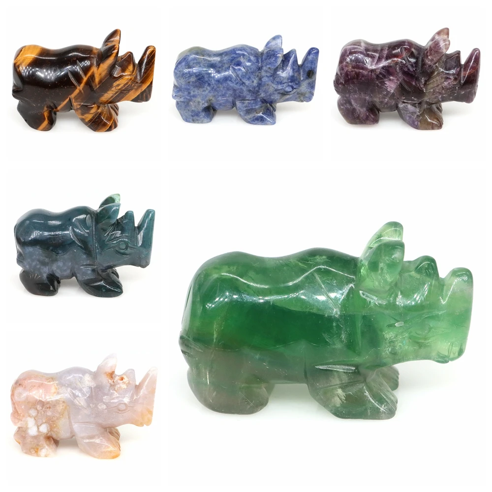 

2" Rhinoceroses Statue Natural Stone Healing Crystal Reiki Fluorite Amethyst Quartz Animal Figurine Crafts Home Decor Ornaments