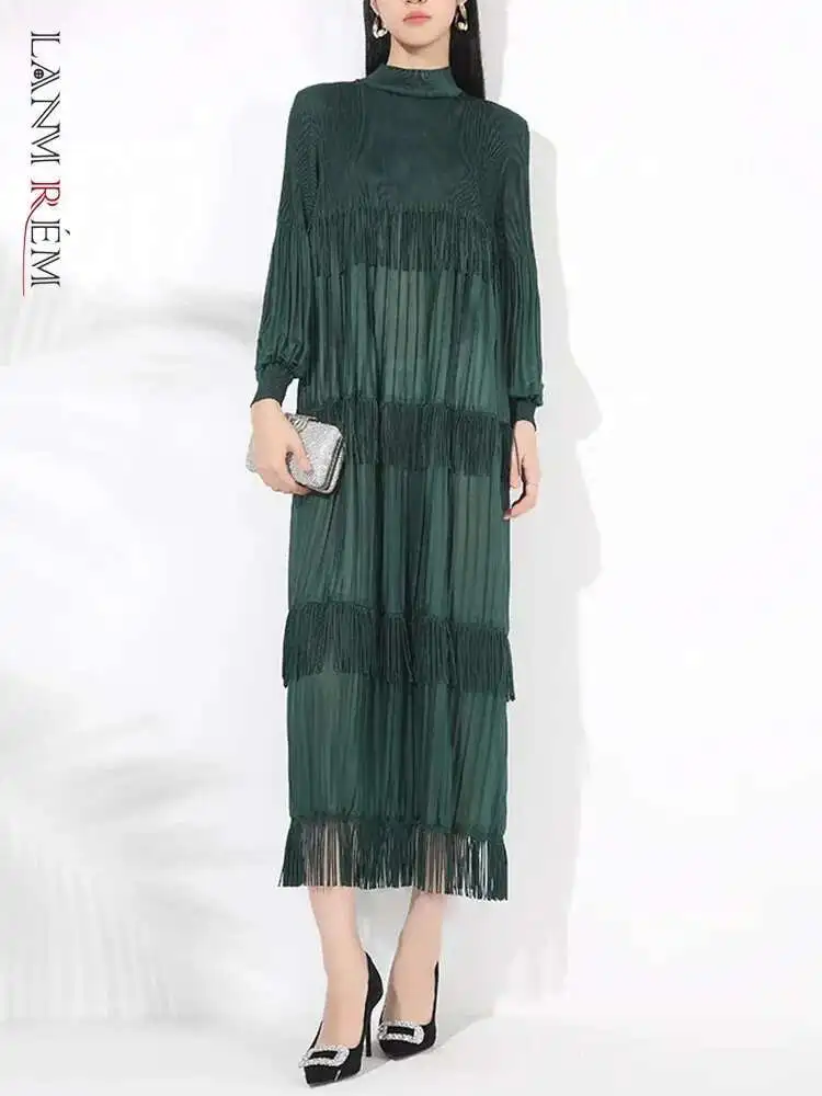LANMREM Elegant Party Pleated Long Dress For Women Stand Collar Tassel Design Solid Color Dresses 2025 Spring New 2VV2054