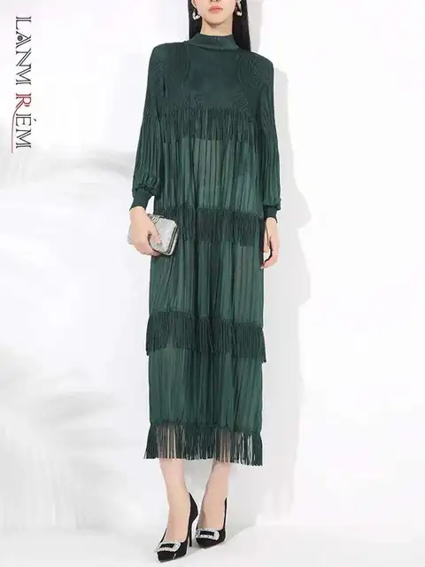 LANMREM Elegant Party Pleated Long Dress For Women Stand Collar Tassel Design Solid Color Dresses 2025 Spring New 2VV2054