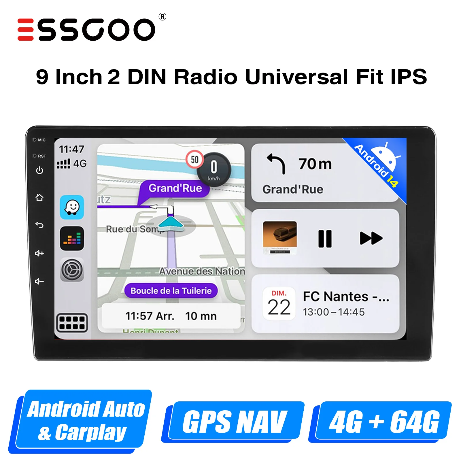 ESSGOO Wireless Carplay Android 14 Car Radio Multimedia Video Player Fan Universal 9 inch Auto Radio GPS Navigation WiFi