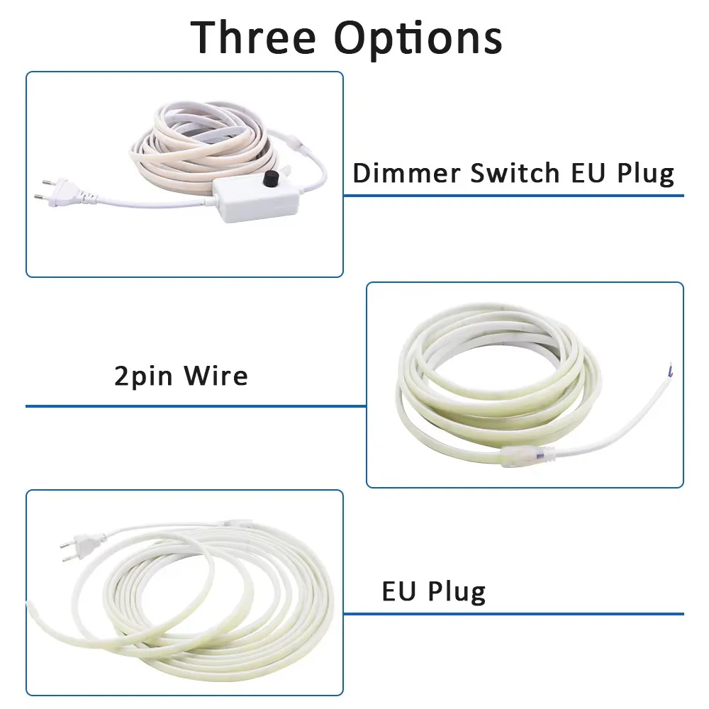 부드럽고 유연한 220V COB LED 스트립 라이트 3000K 4000K 6000K IP67 방수 테이프 램프 디밍 가능 스위치 키트 야외 선형 조명