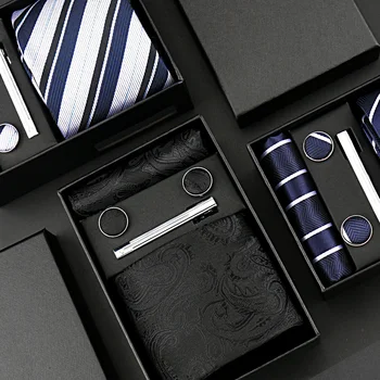 Confezione regalo per cravatta da uomo elegante alla moda, cravatta a righe, fazzoletto, gemelli, fermacravatta, set da 4 pezzi, accessori per abiti da festa aziendale per matrimoni 1