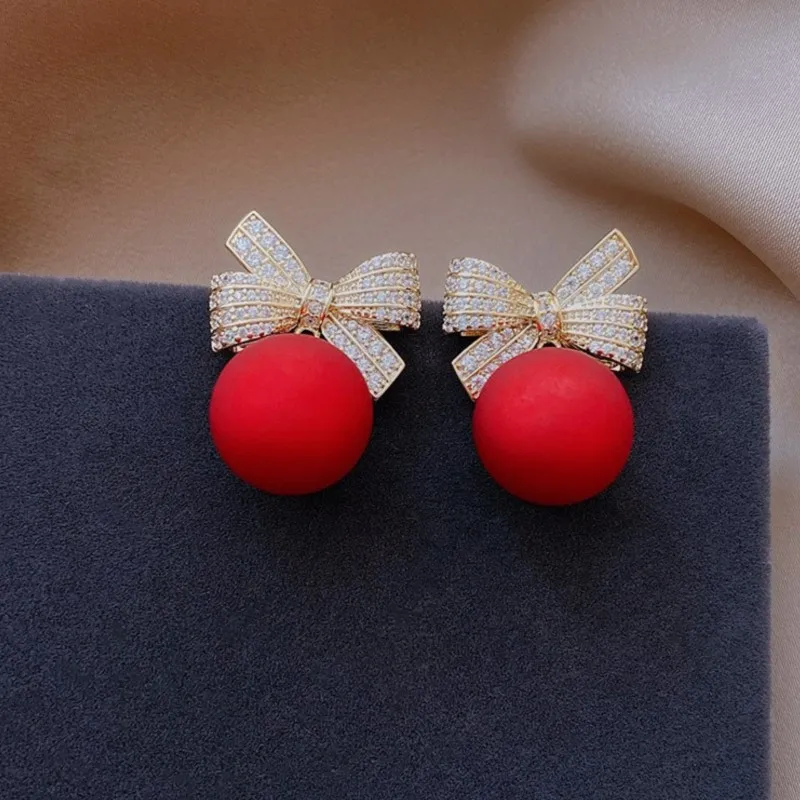 Sparking Zircon Bowknot Shape Stud Earrings for Women Trendy Temperament Round Pendant Drop Earring Party Jewelry Gifts