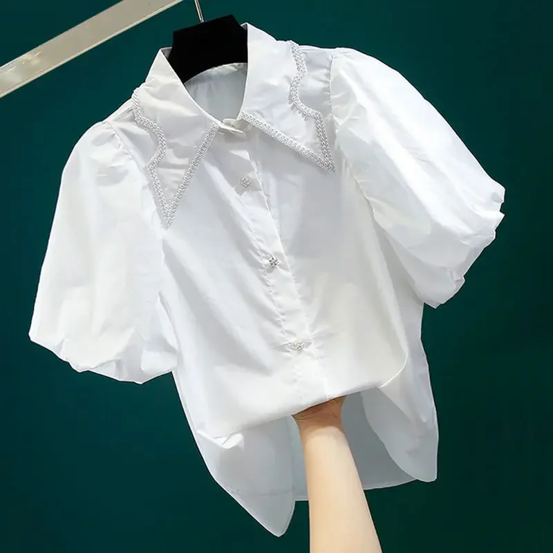 

New 5 Sizes S-2xl Summer Korean Fashion Pearl Special Short Sleeve Women Top Cute Thin Chiffon Women Bishop Sleeve Shirts Z869