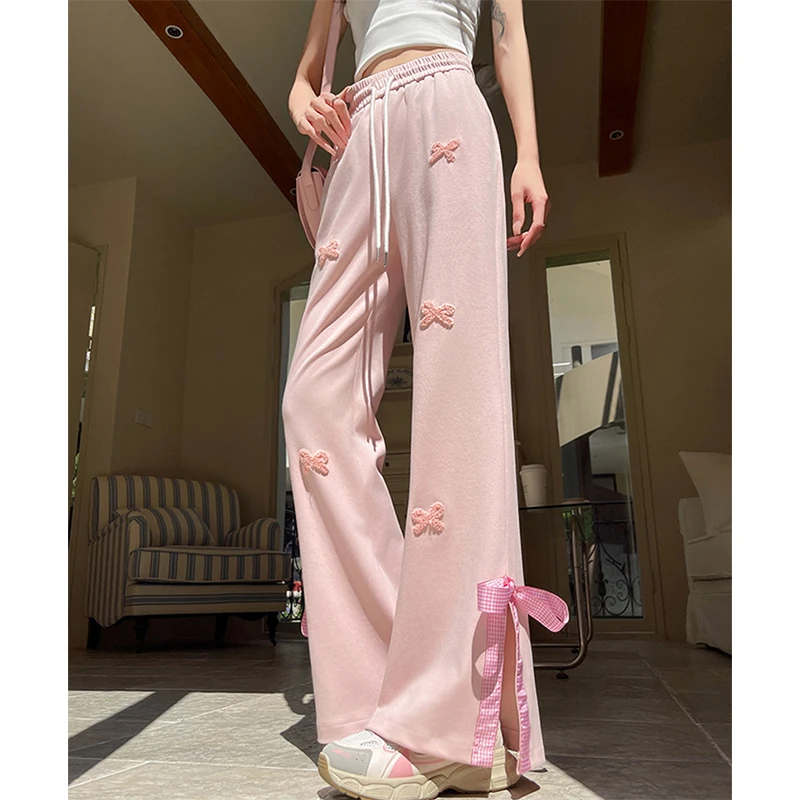 MEXZT Streetwear Pink Sweatpants Women Fashion Cute Bow Baggy