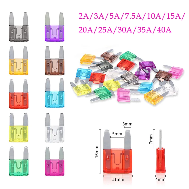 100/50/10pcs Small Mini Car Blade Fuses Zinc Auto Fuse Assortment Electric Fuse Set 2A 3A 5A 7.5A 10A 15A 20A 25A 30A 35A 40A