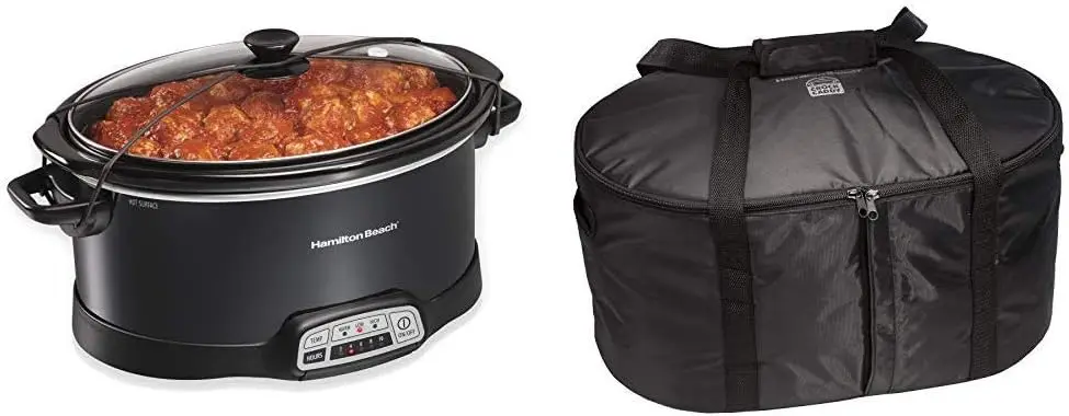 

7-Quart Programmable Slow Cooker With Lid Latch Strap, Black (33474) & Travel Case & Insulated Bag for 4, 5, 6, 7 &