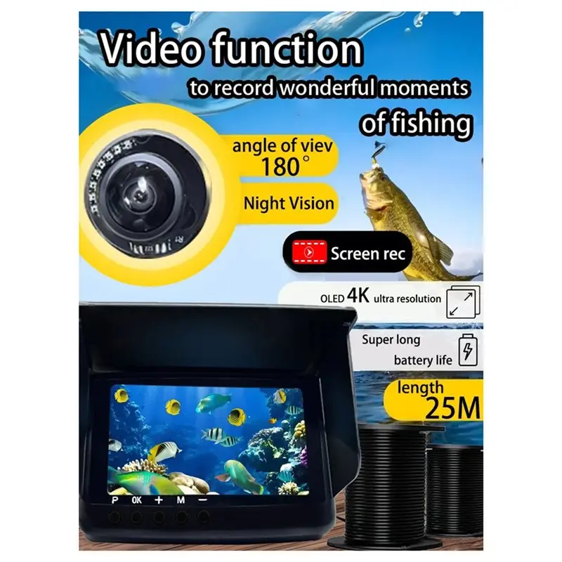 A74K-휴대용 수중 낚시 카메라 키트 5인치 모니터 4K 카메라 DVR 포함 20M 케이블 야간 투시 기능 바다/강 얼음용